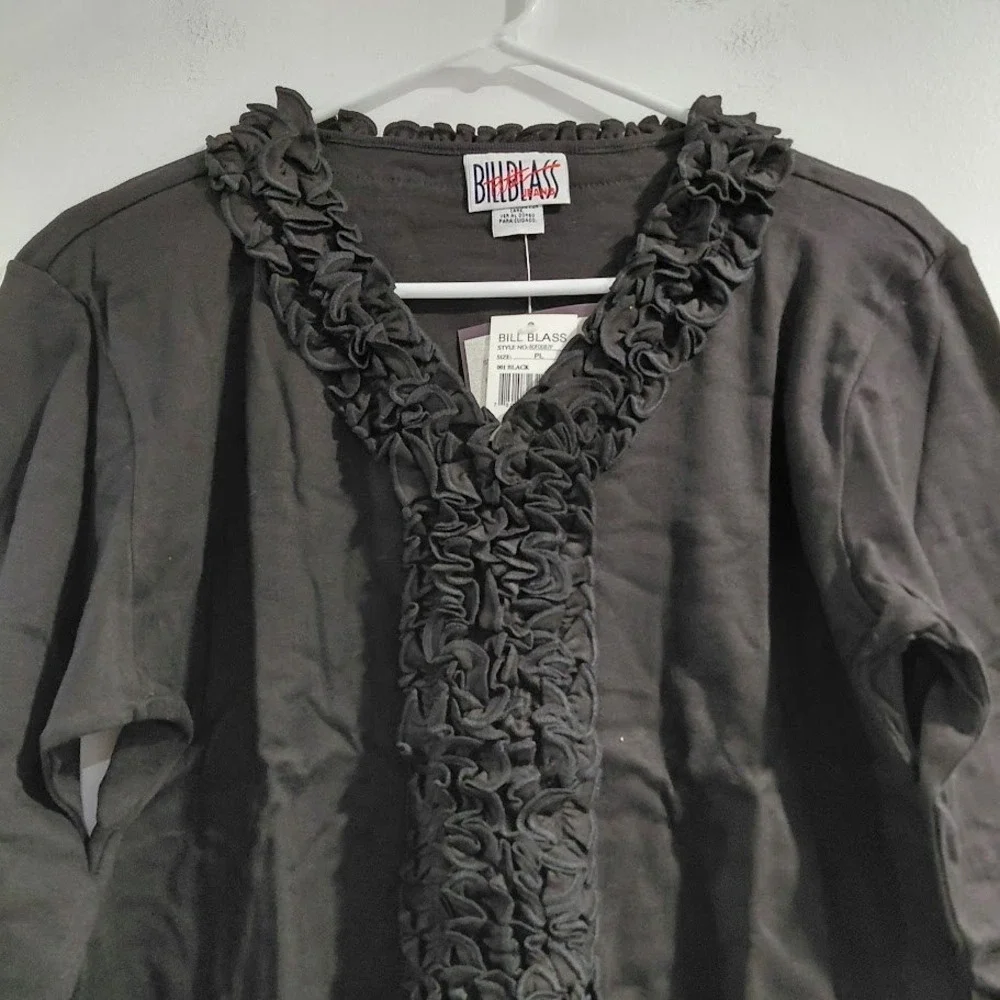BILL BLASS Womens Black Ruffle V Neck Long Sleeve Top Style 8DF0087P Size PL